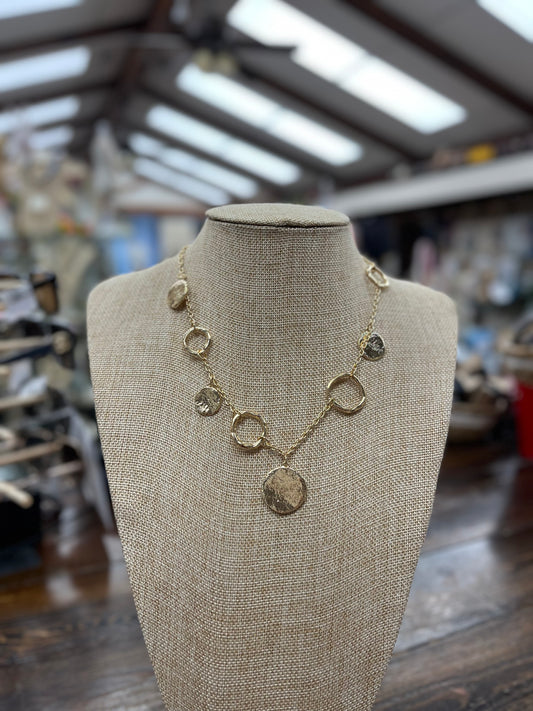 Gold Opened Hammered Circle and Gold Coin Necklace