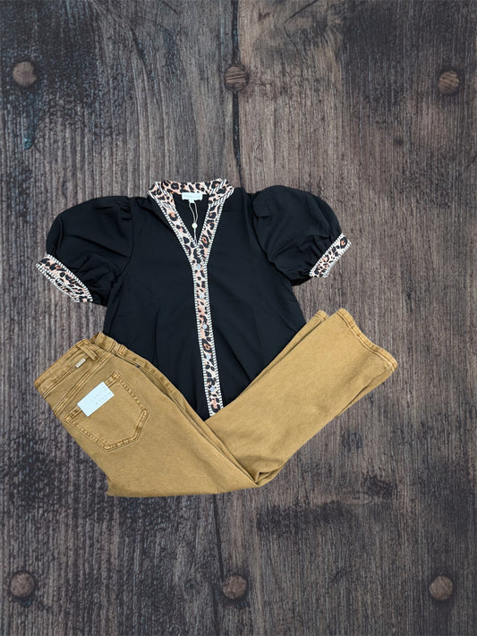 Solid Black Puff Sleeve Blouse With Cheetah Outline