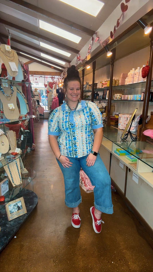 Light Blue Striped Floral Blouse