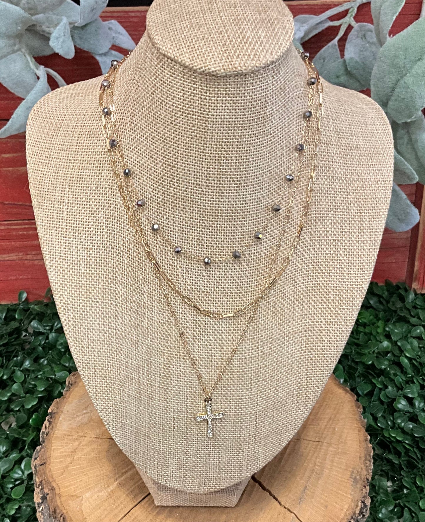 Hematite Crystal Beaded With Gold Pave Cross