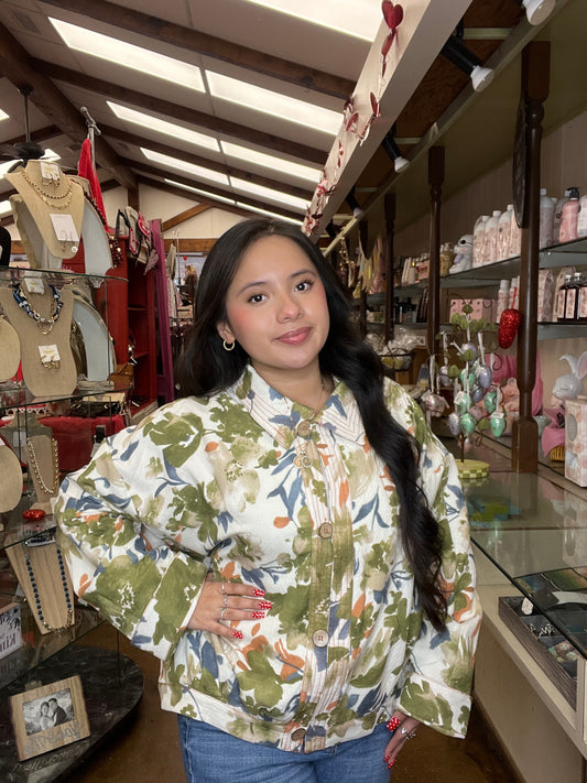 Floral Print Olive Bloom Button Down Jacket