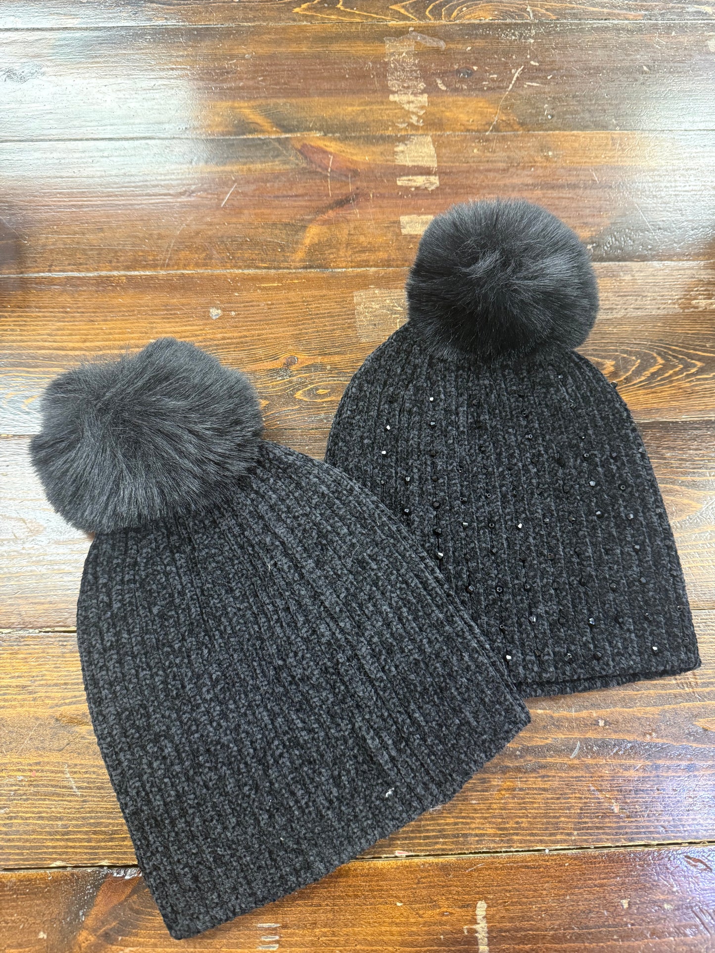 Black rhinestone Beanie With Fuzzy Ball On Top