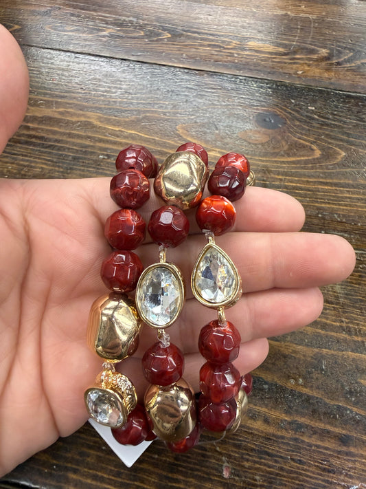 Maroon/Cream & Crystal Stretch Bracelet