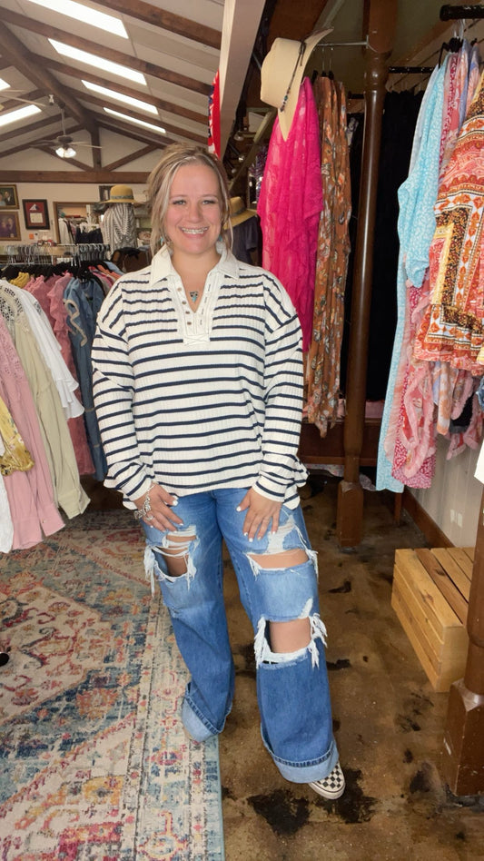 LS  Navy Stripe Rib Knit Top
