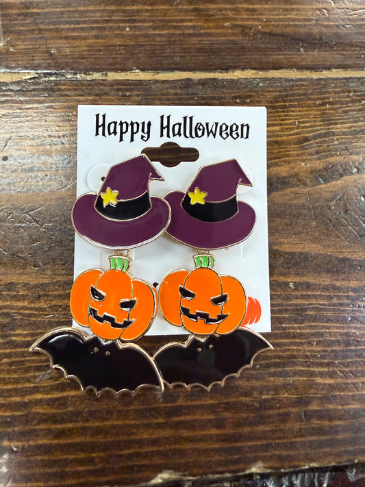 Halloween Witch Hat,Pumpkin,Bat Dangle Earrings
