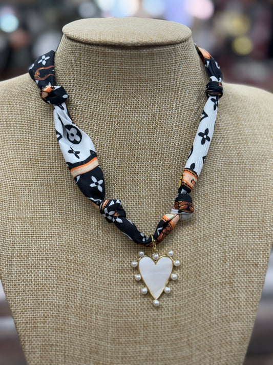 Black/White Silk Scarf With Pearl Heart Charm