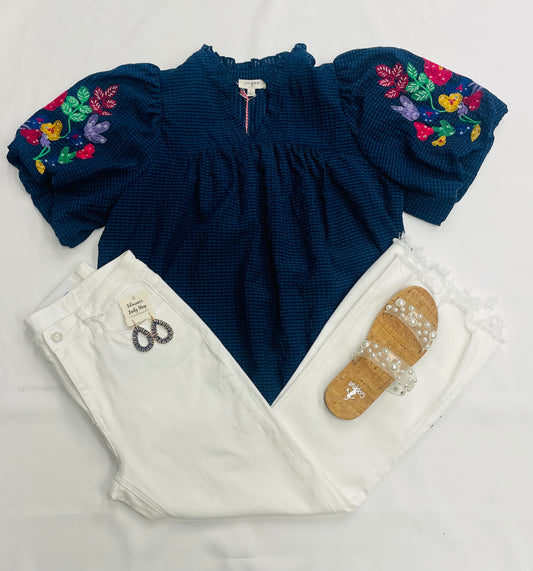 Navy Blouse with Floral Sleeves