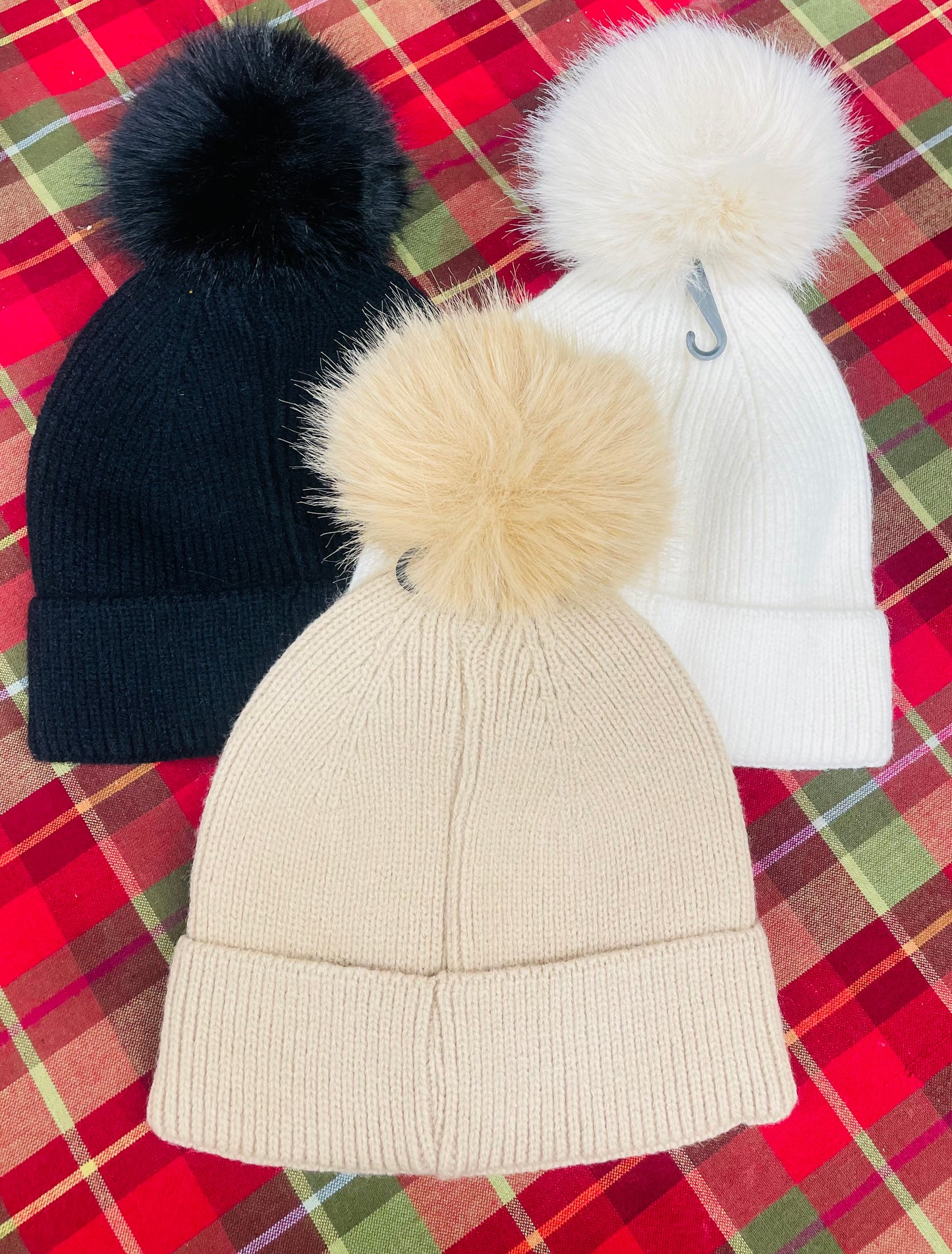 Plain Knit Beanie with Fuzzy Pom