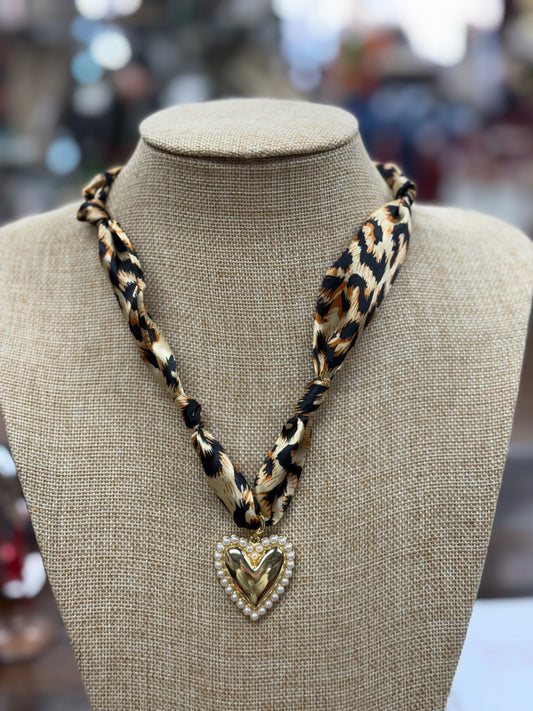 Cheetah Silk Scarf Heart Pearl Charm