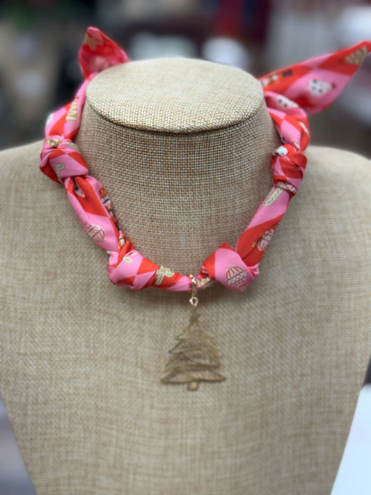 Pink/Red Christmas Printed Silk Knotted Charm Scarf