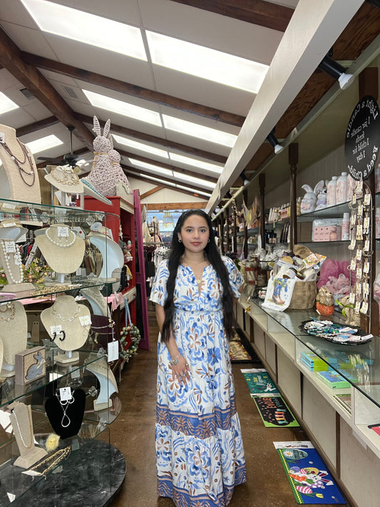 Ivory Blue Patterned Short Sleeve Dress