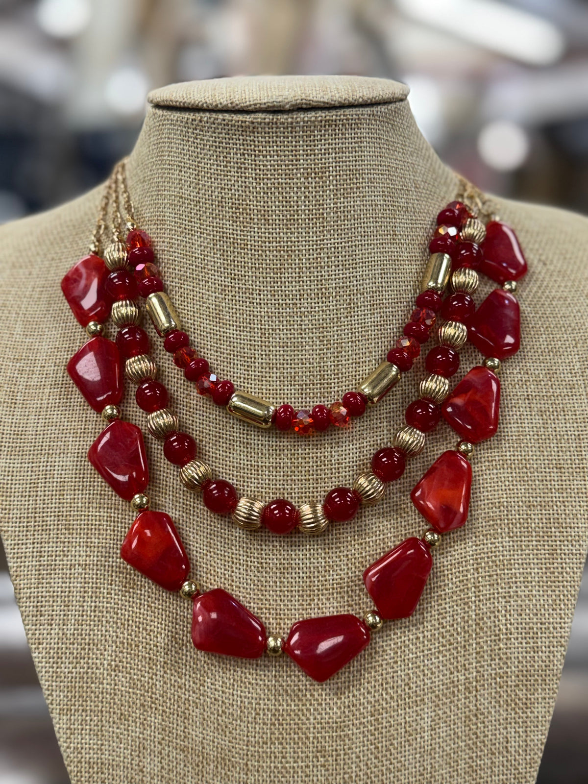 Layered Red Chunky Rock Necklace With Earrings