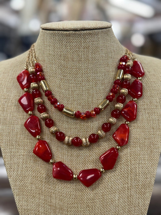 Layered Red Chunky Rock Necklace With Earrings