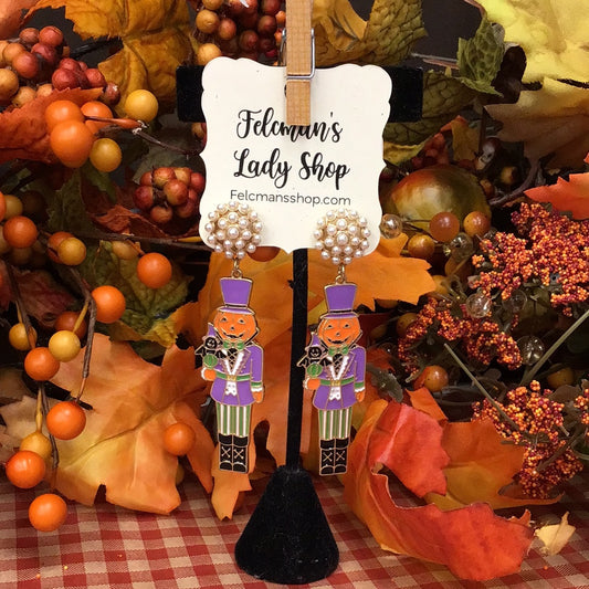 Halloween Enamel Jack O'Lantern Nutcracker Earrings Purple & Orange