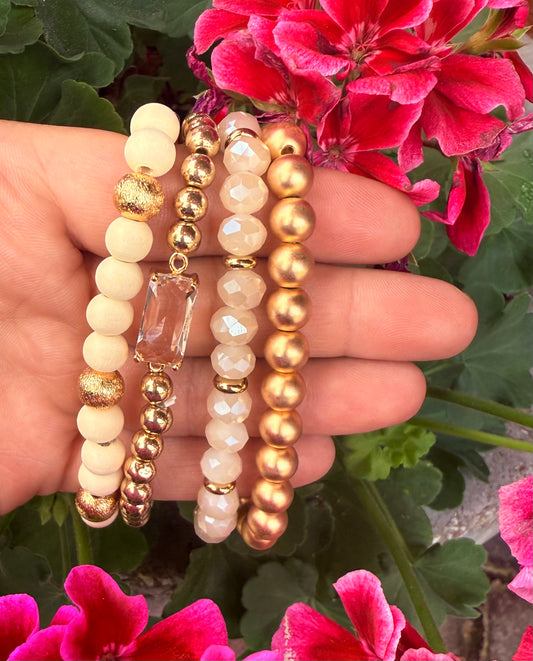 Natural Wood/Crystal Beaded Stretch Bracelet