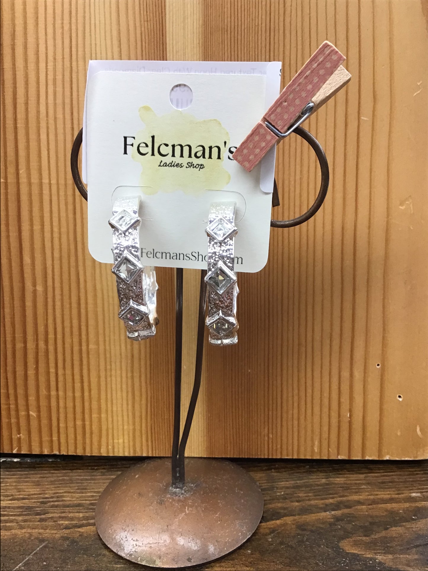 Silver Textured Hoop With Clear Diamonds