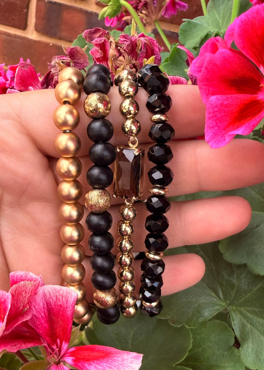 Black Wooded/Crystal Beaded Stretch Bracelets