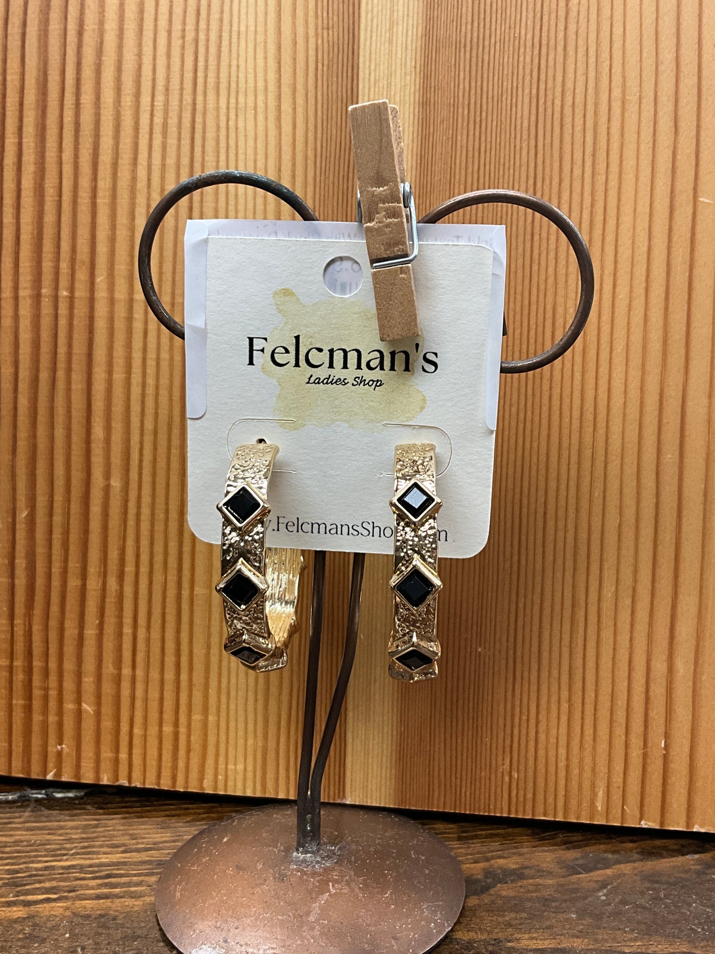 Gold Textured Hoop With Black Diamonds