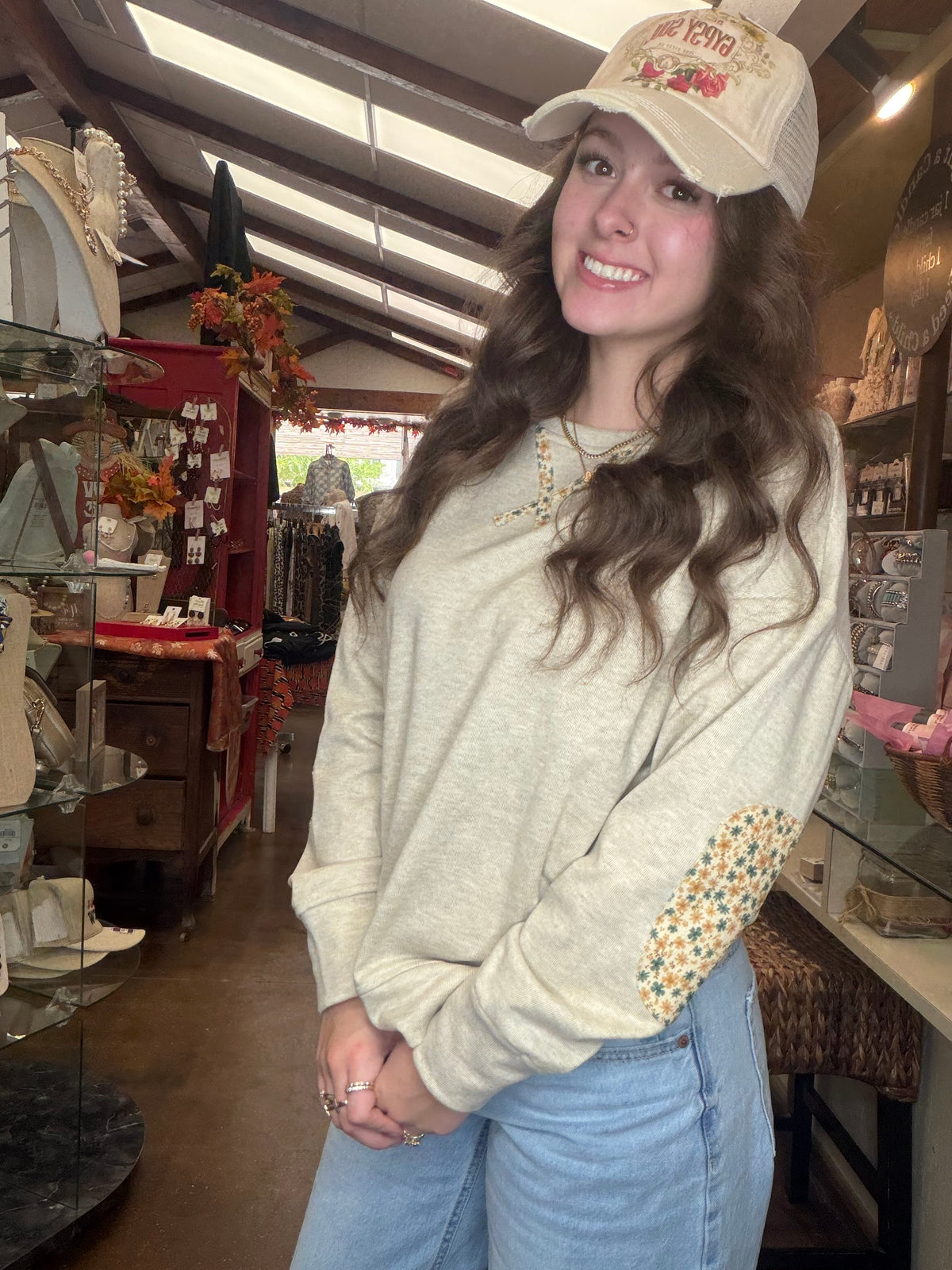 Cream White Flower Print Sweatshirt