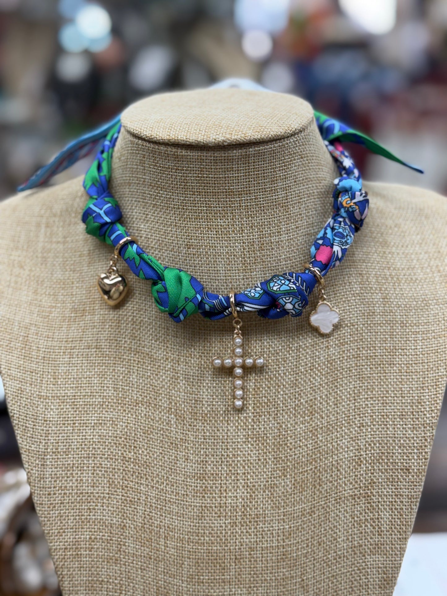 Blue/Green Silk Scarf Charm Necklace