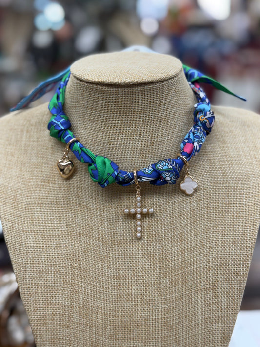 Blue/Green Silk Scarf Charm Necklace