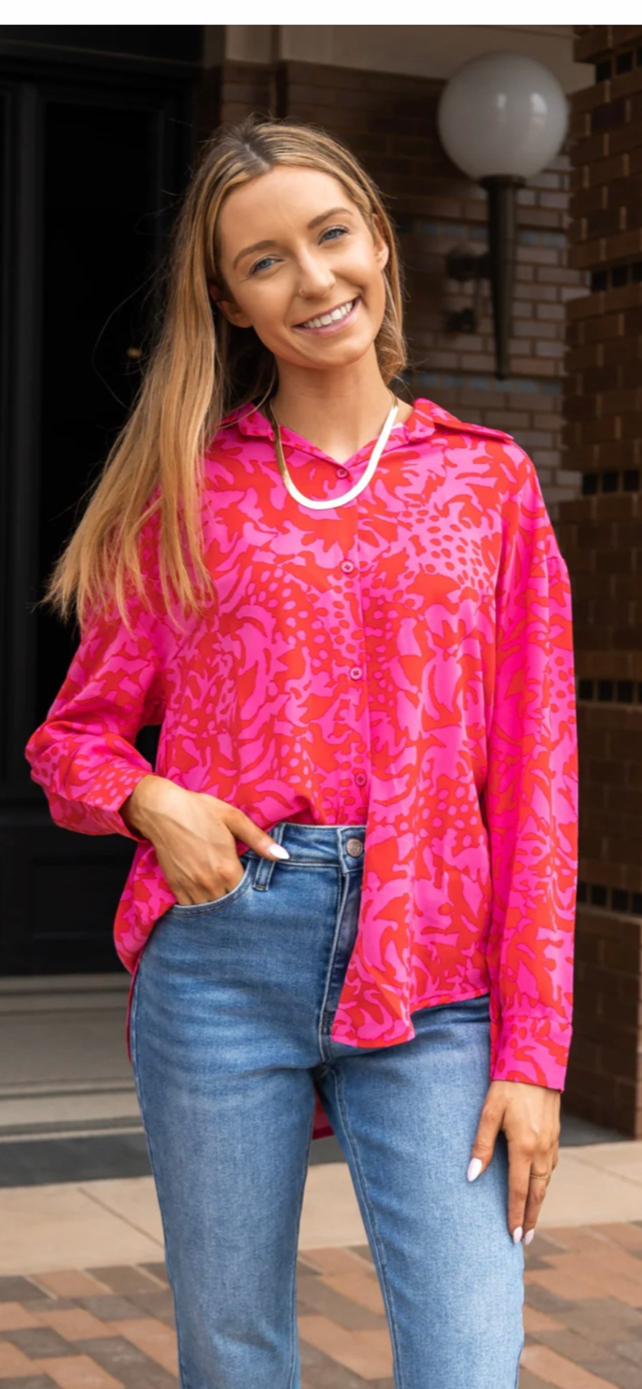 Hot Pink Floral Button Down Top