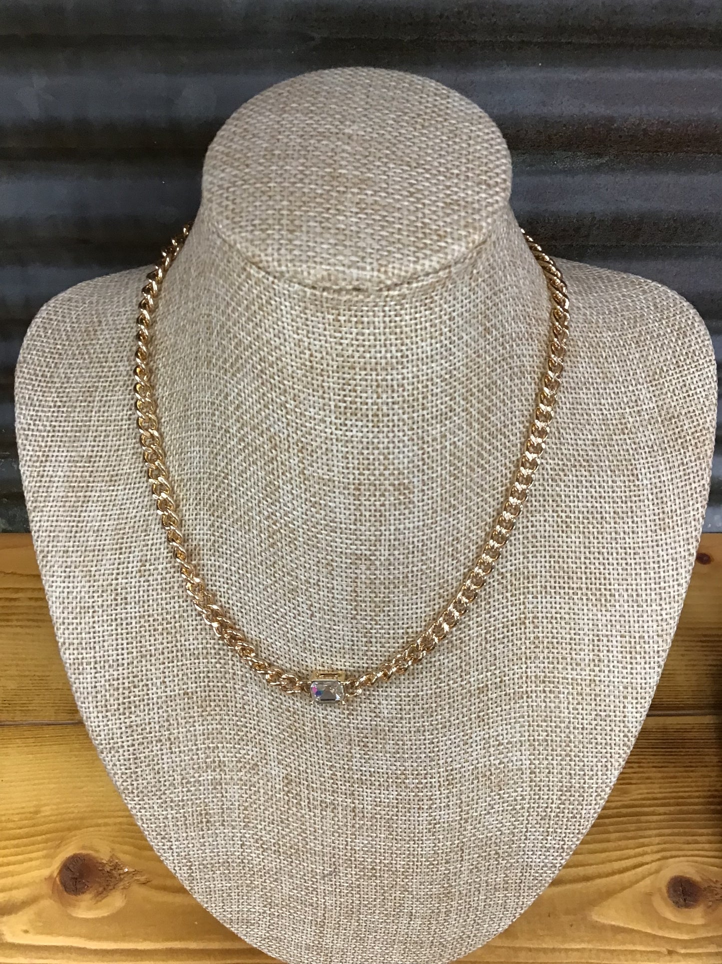 Gold Link Chain with Square Crystal Necklace