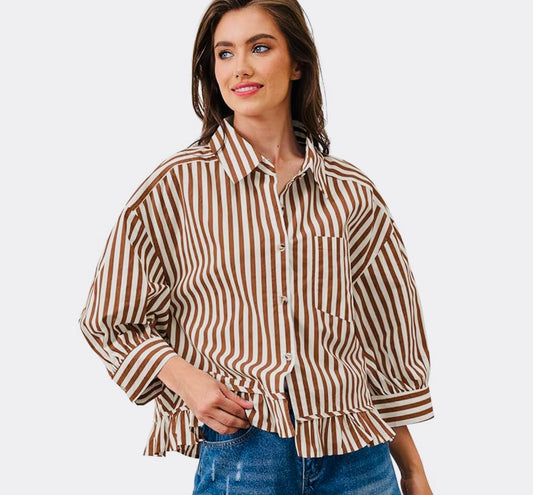 Cropped Striped Wine Ruffle Blouse