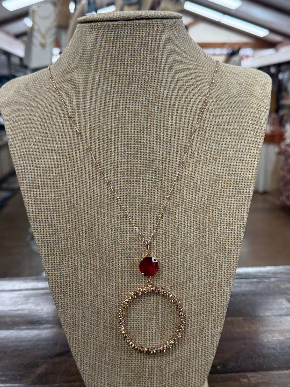Gold Circle With Red Gem Necklace