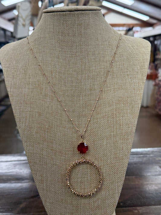 Gold Circle With Red Gem Necklace