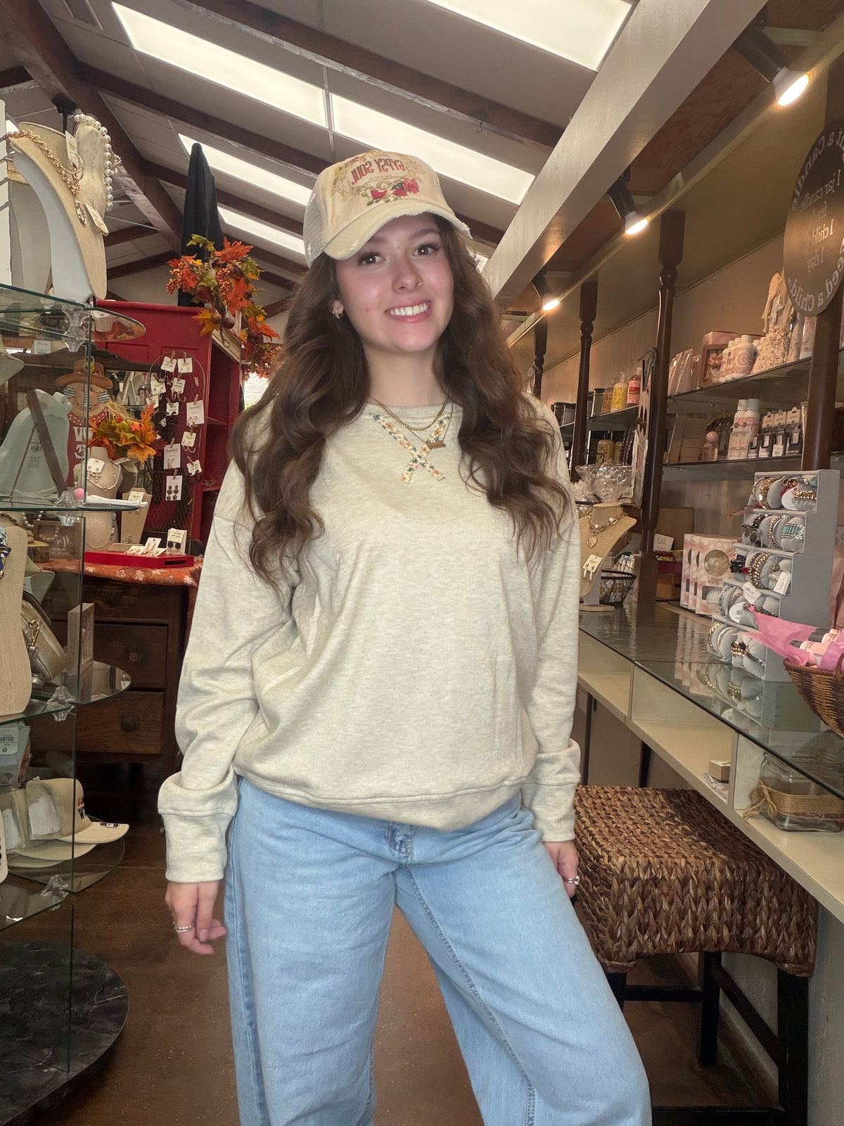 Cream White Flower Print Sweatshirt