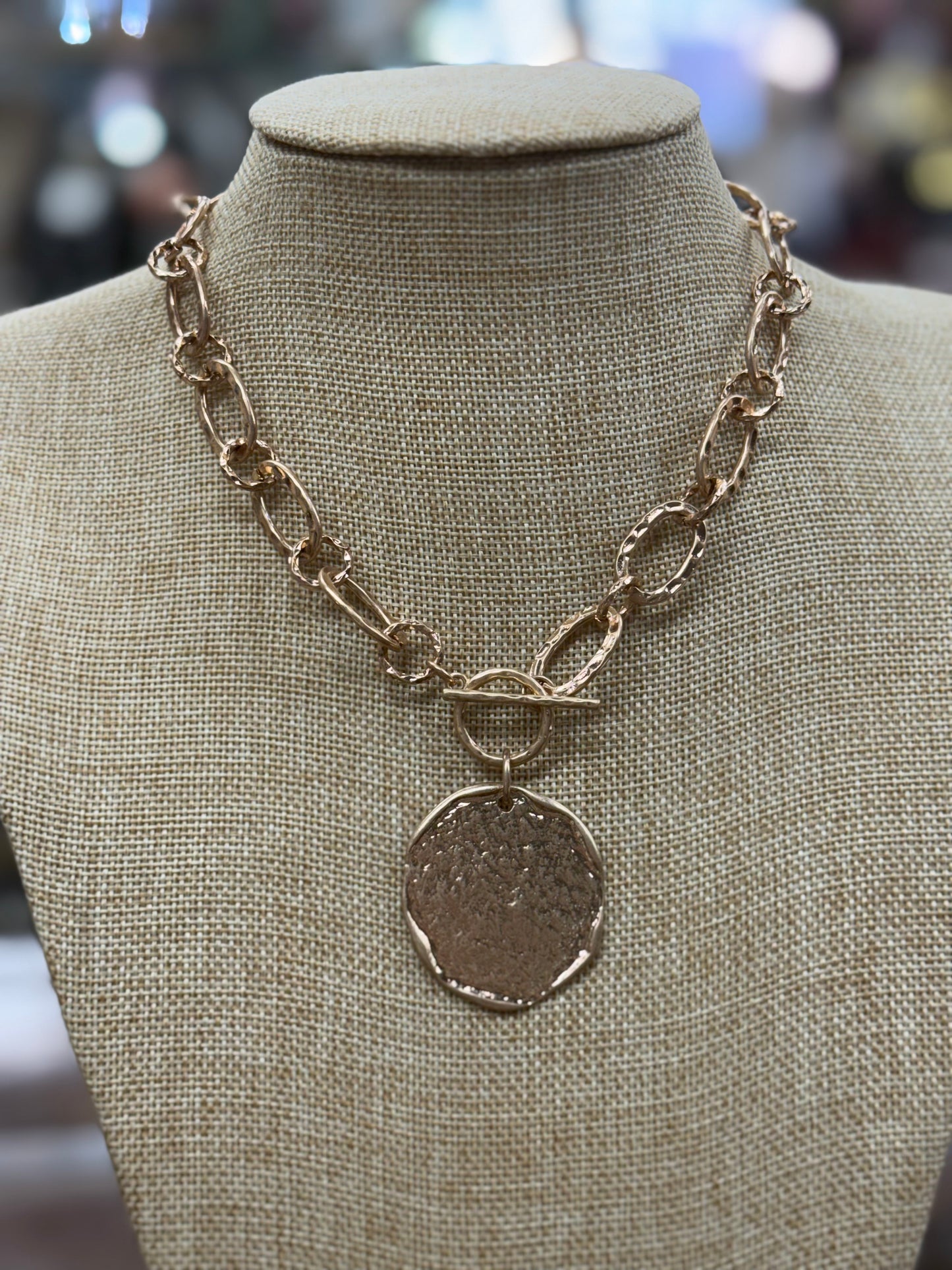 Open Gold Chain With Hammered Coin Charm