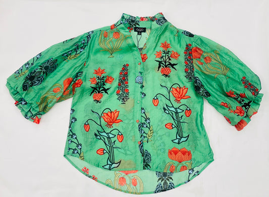 Green Printed Button Down Top With Balloon Sleeves