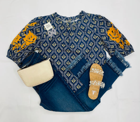 Embroidered Puff Sleeve Printed Top Navy