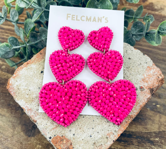 Hot Pink Beaded Heart Earrings